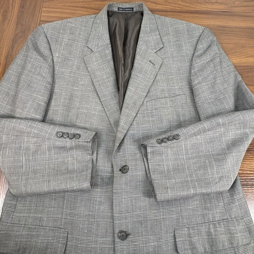 Alfani 44L Blazer Grey Glen‎ Plaid Wool Linen Blend Sport Coat 2 Button Jacket